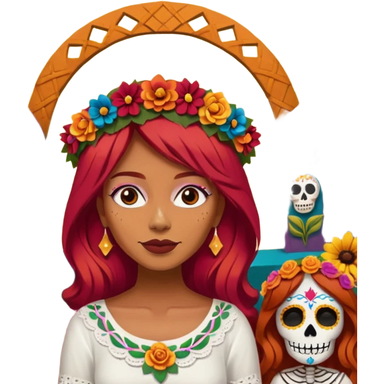 Día de muertos cabello rojo pan de muerto papel picado emoji