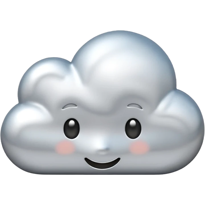 A cute cloud emoji made of silver chrome, smooth rounded shape, glossy metallic surface, soft reflections, minimal and friendly design, iOS emoji style, centered, clean white background, soft lighting emoji