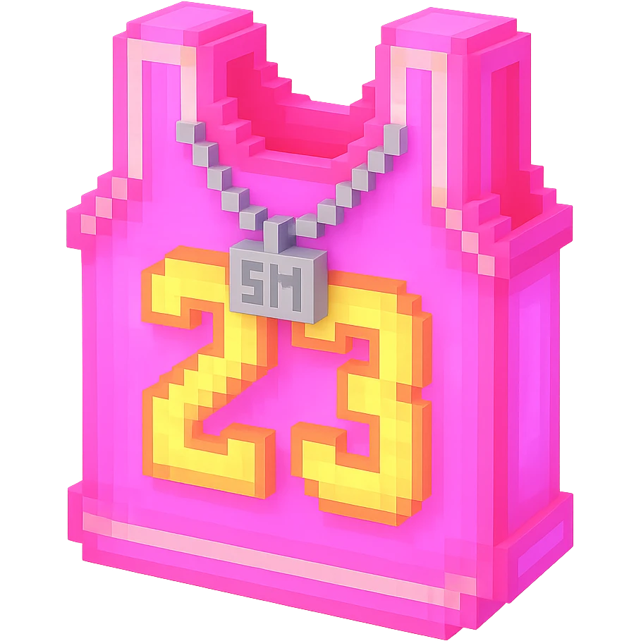 светящейся розовая баскетбольная майка с надписью "23" и серебряная цепь с надписью "SM", no background emoji