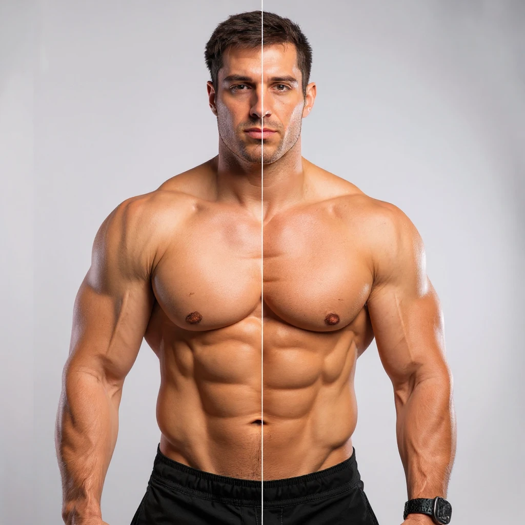 Realistic style image of a shirtless male bodybuilder, half body in mass version, half body in definition version, muscles and skin well highlighted. Neutral background. Serious expression. emoji