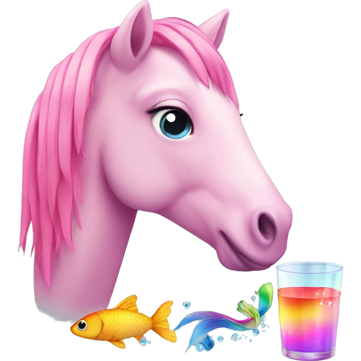 Pink pony drinking a rainbow with a fish emoji