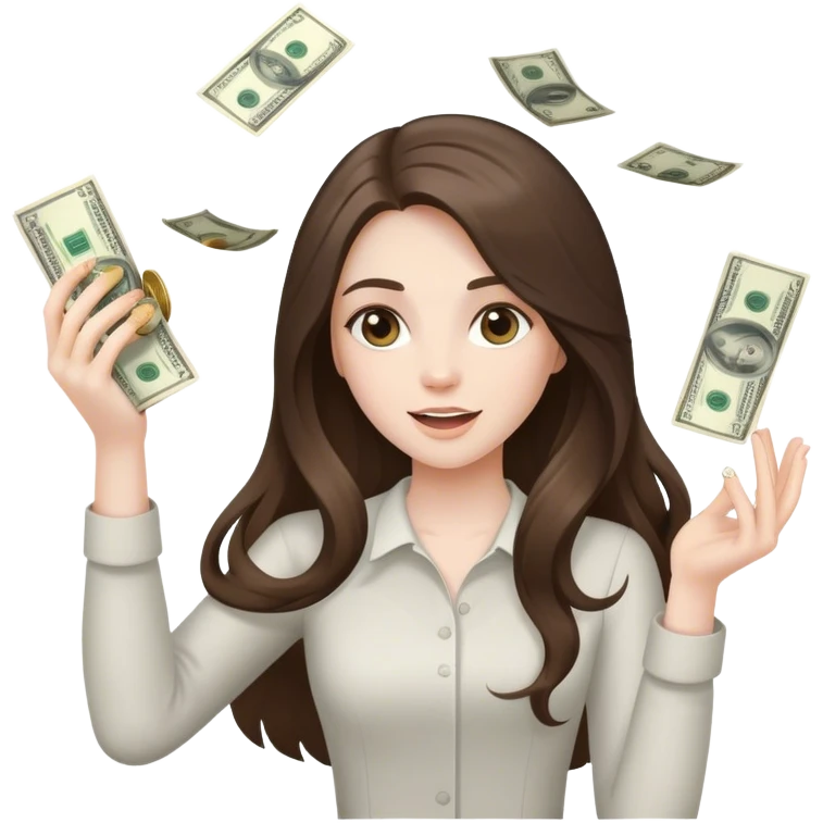 beautiful pale brunette girl with long hair throwing money emoji
