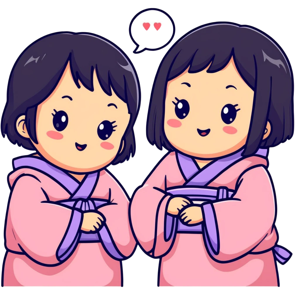 Two adorable Japanese girls with black hair and Asian features, their cheeks touching, kawaii style emoji