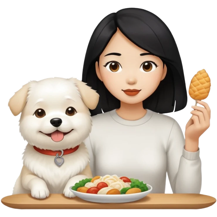 Black hair Asian woman sharing food with fluffy white dog emoji