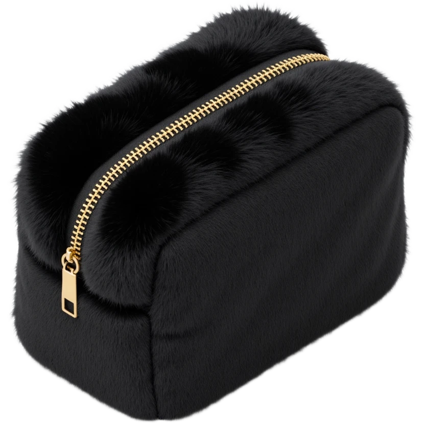 black fluffy faux fur cosmetics bag emoji