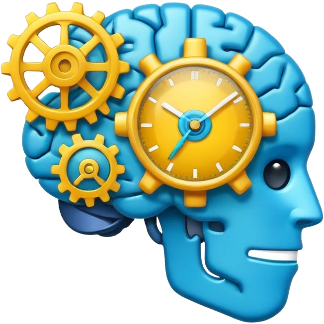 modern minimalistic emoji-style icon featuring a brain merged with a stopwatch and a gear, representing intelligence speed digital innovation, clean colorful expressive tech meeting emoji logo emoji