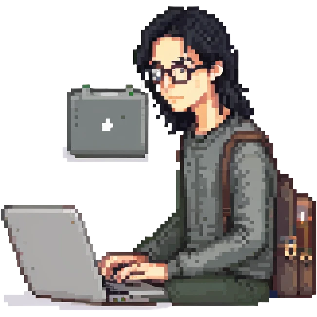 Guy with 3 inch long black hair and glasses on his laptop emoji