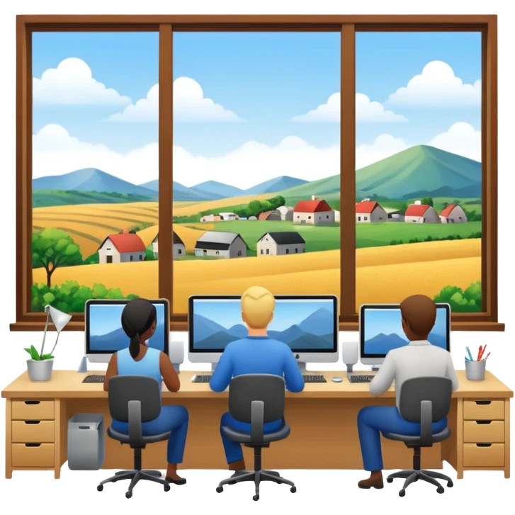 Employees of a startup company working on their computers while looking out the window at the rural landscape.  emoji