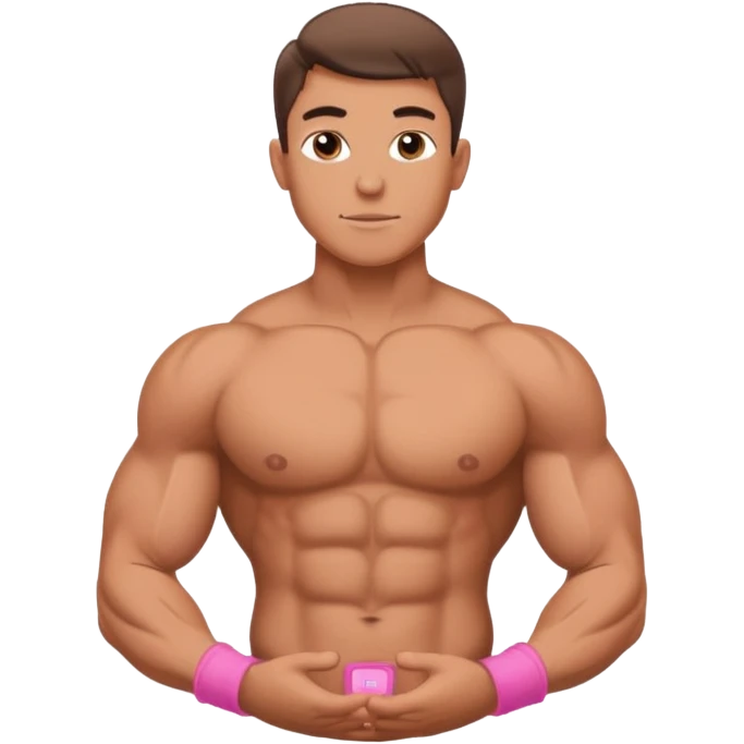 крупным планом торс молодого накаченного парня с прессом и накаченной рельефной округлой грудью с розовыми сосками и накаченными руками с банками  emoji
