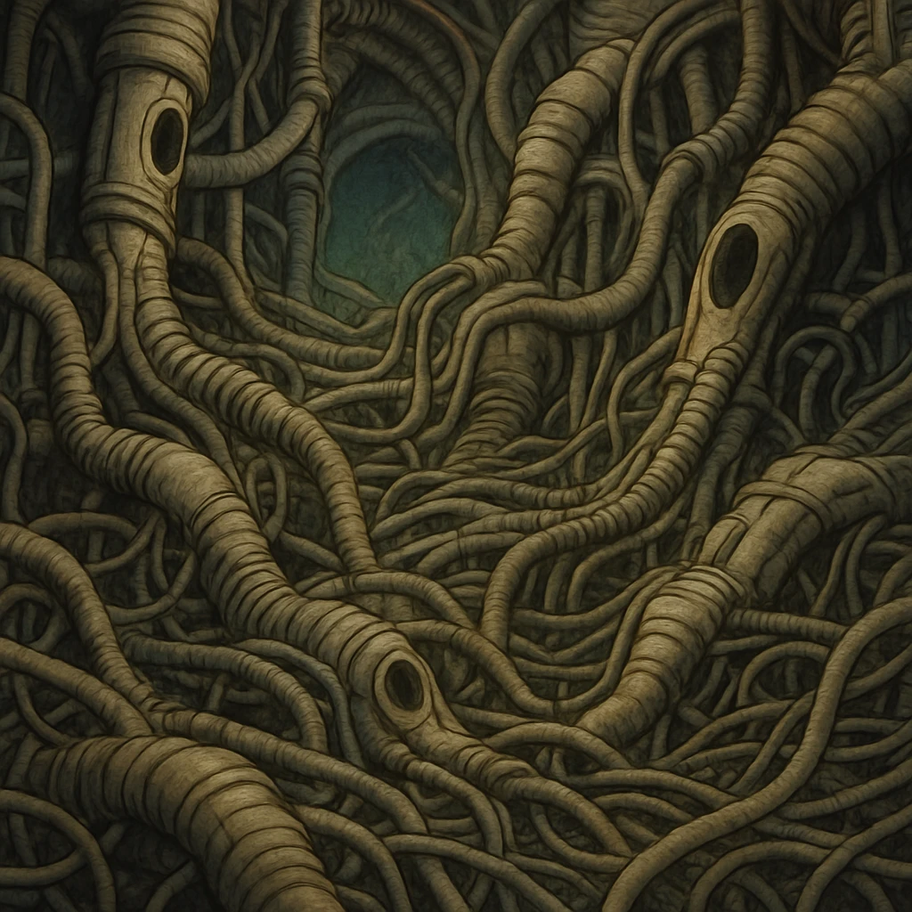 complex network of wires and tubes, biomechanical, Giger style, surreal atmosphere emoji