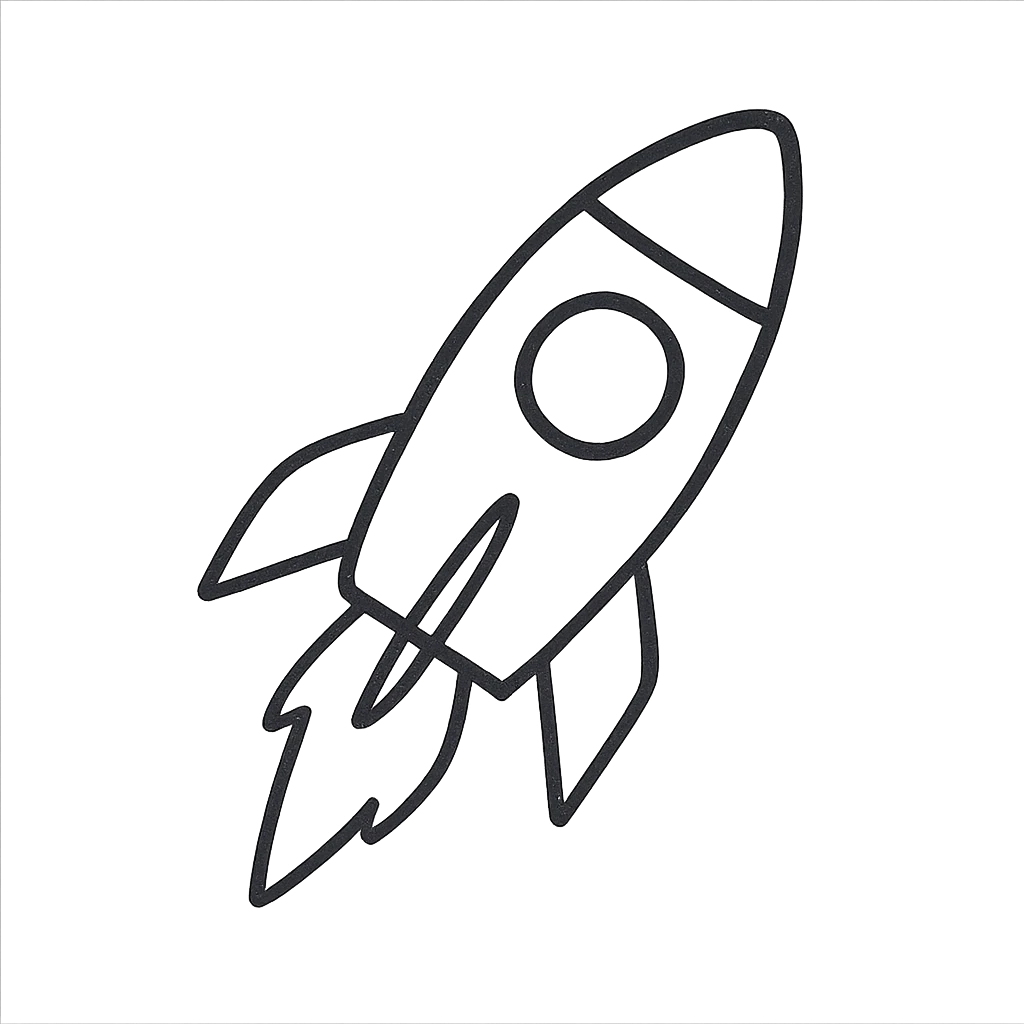 hand-drawn outlined icon of a rocket, black outlines, no fill, no color emoji