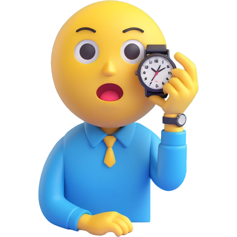 A yellow emoji face with a worried expression, looking at a wristwatch with raised eyebrows, showing urgency and stress emoji