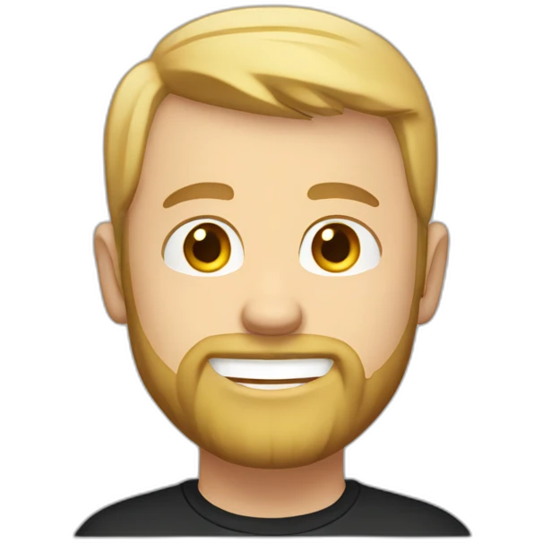 White guy, short bearded, no hair, blonde with a simple black t-shirt smiling emoji
