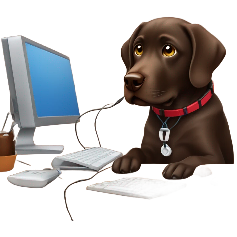 Chocolate lab working on computer with small headset , food on desk emoji