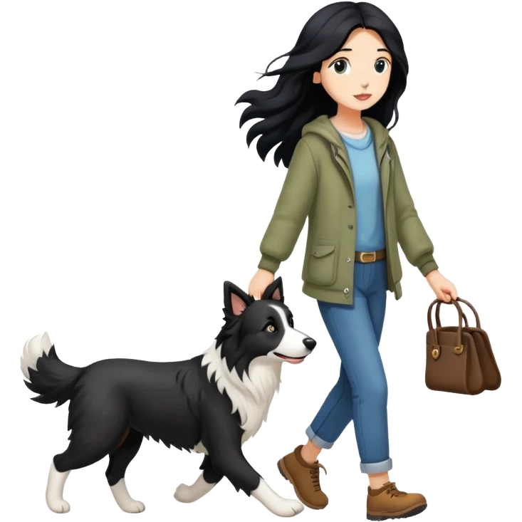 A girl with long black hair walking a Border Collie emoji
