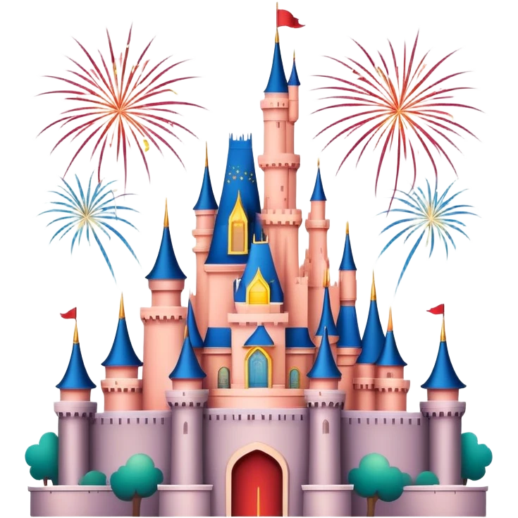 Shanghai Disney Castle with fireworks, simplified emoji style with bold outlines and bright colors, cartoon style fairy tale castle emoji