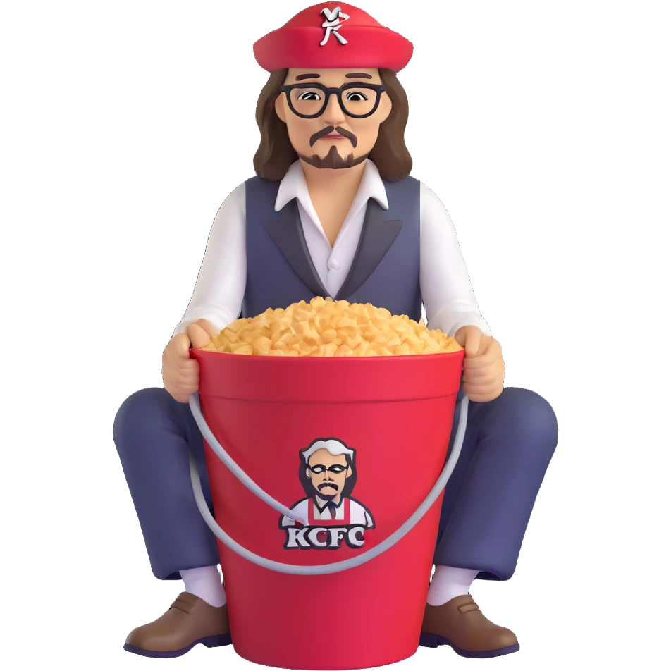Johnny Depp sitting in a KFC bucket, long hair, facial hair emoji