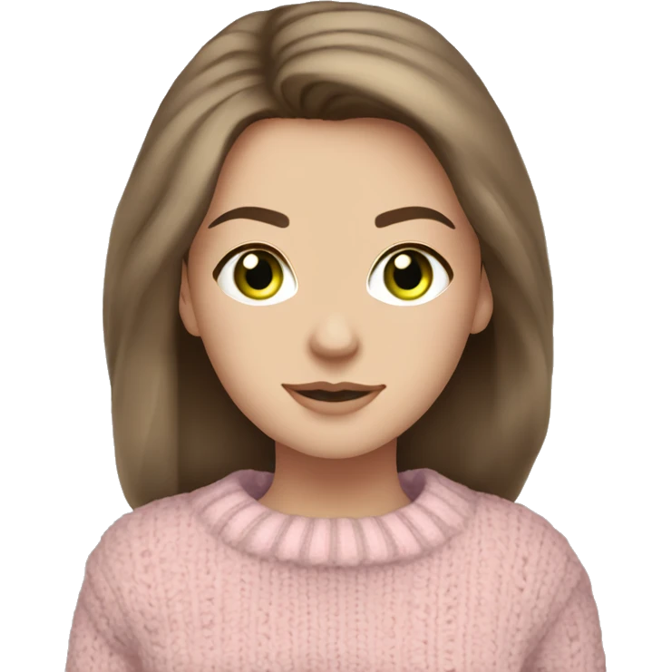 Pretty green eyed white girl with brunette hair with light pink sweater reading cozy emoji