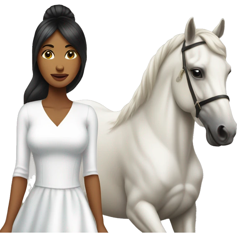Woman in white dress rides bay horse black hair no star on forehead  emoji