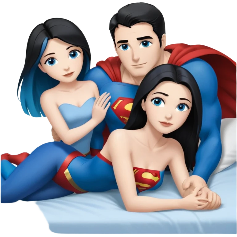Art of woman's very sexy body scheme anatomy-bare shoulders and front-blue eyes-very long straight black to blue hair ombre-kneeling-front-leaning back-looking at male superman to her side-laying in bed emoji