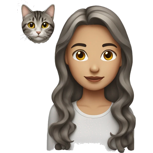 girl with brown wavy shoulder length hair with grey tabby cat emoji