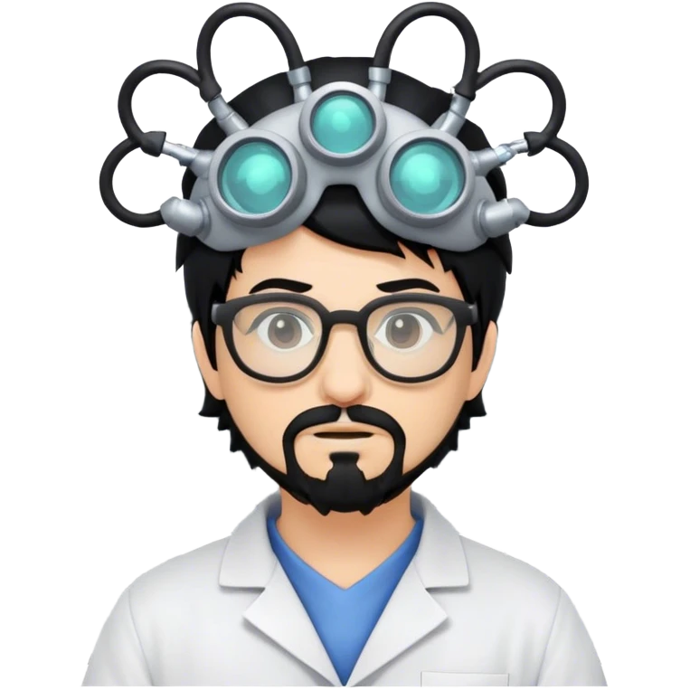 Mad scientist with black hair and goatee and glasses named Omni with headgear on and a computer emoji