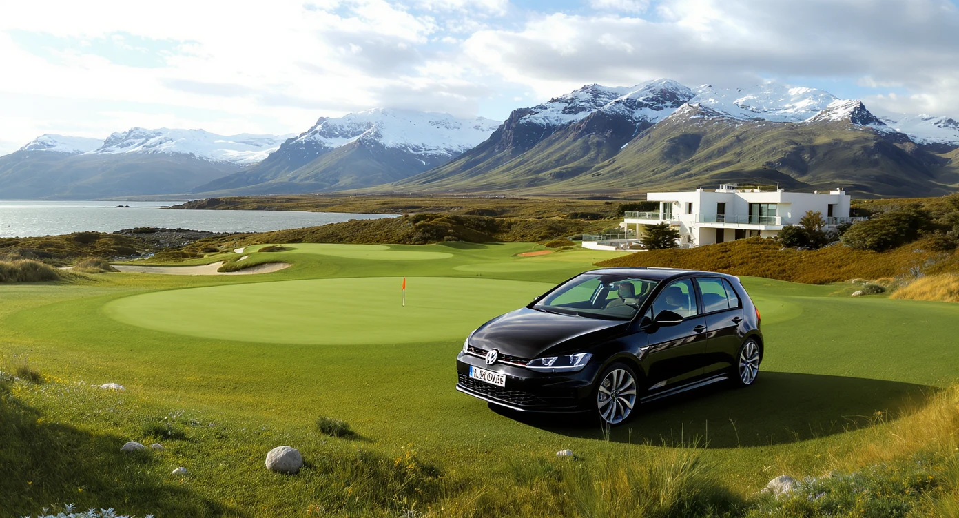 black Golf 4 with, in background is modern huge two flors white villa, in distance are iceland mountains, rule of thirds, shot on gopro hero, noise camera emoji