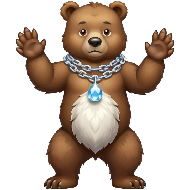 Complete full-length view of serious brown bear standing on four paws, showing entire body from nose to tail, with ice chain around neck emoji