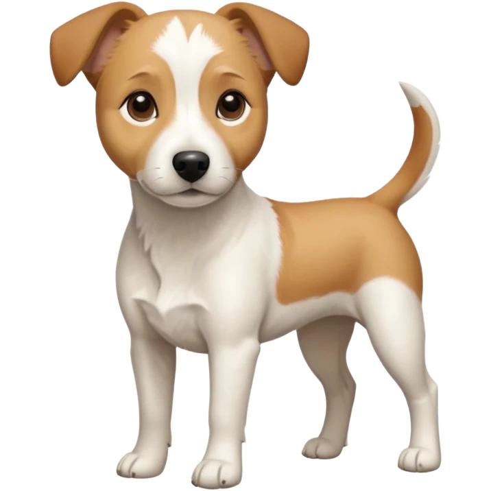 a full body facing front on of a buff white beagle cross jack russell terrier looking dog the size of a kelpie with light brown long ears resting on its face and a light brown patch above one eye and a large snout. the rest of the dog is completely white.  emoji