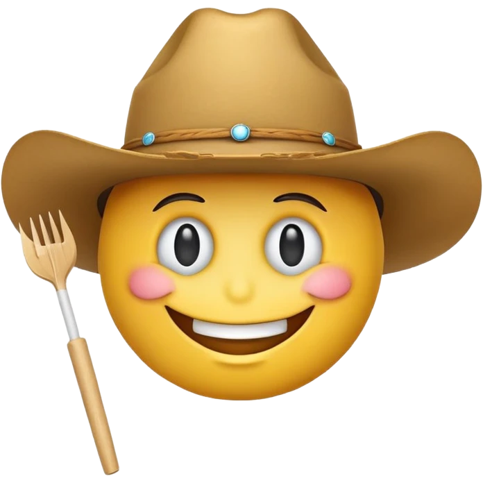 A regular smiley face emoji wearing a cowboy had with a toothpick sticking out of its mouth emoji