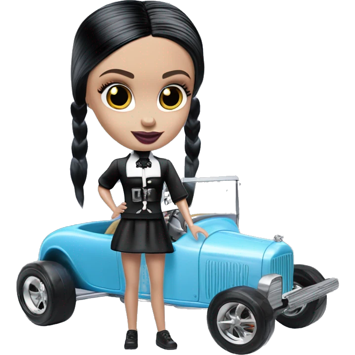 Side view Baby blue Wednesday Addams Barbie Hot wheels Bone Shaker street rod emoji