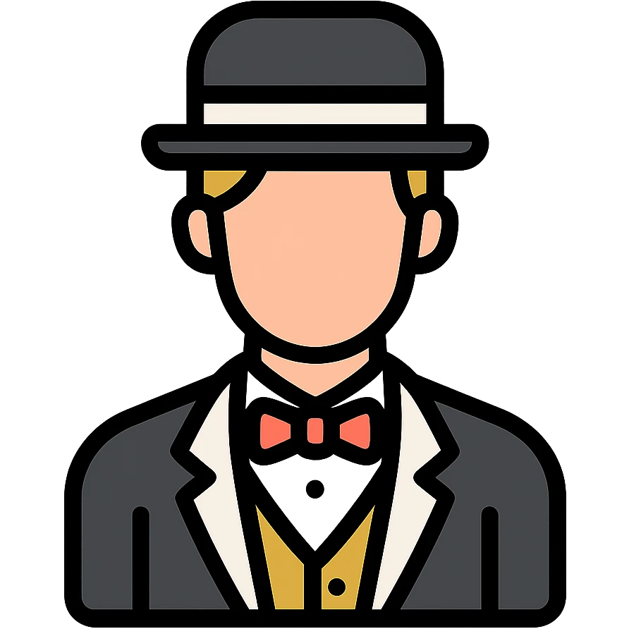 man in a vintage black and white suit, no facial hair, colored outline icon emoji