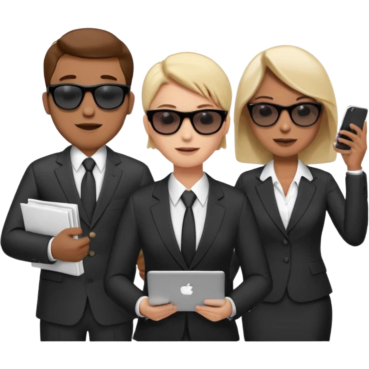 Команда в деловых костюмах из трёх человек. на переднем палне Мужчина впереди общается по смартфону, дальше женщина слева стоит с ноубуком, мужчина справа держит бумаги. У всех людей разные, но позитивные эмоции. Все троя в солнцезащитных очках emoji