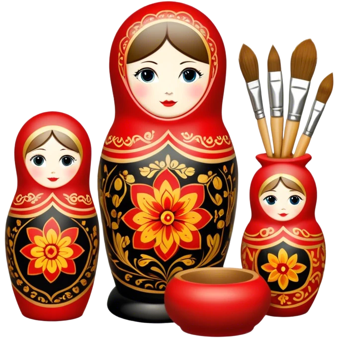 Wood painting icon, process of creating painted wooden matryoshkas (nesting dolls) of various sizes, vase, and small wooden box, visible carving tools, paintbrushes, traditional patterns in bright colors like red, gold, and black, no finished artwork, just the crafting process, minimalistic style, clean lines, transparent background. emoji