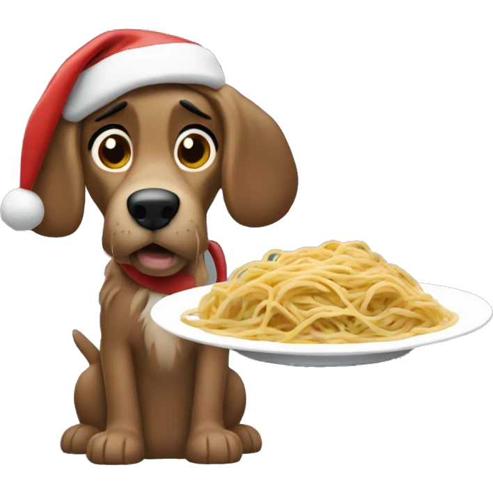 Lady and the Tramp eating spaghetti wearing Santa hat emoji