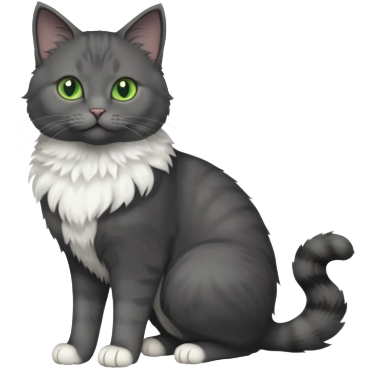 full body view of beautiful female dark grey cat with green eyes, white toes and white chest emoji