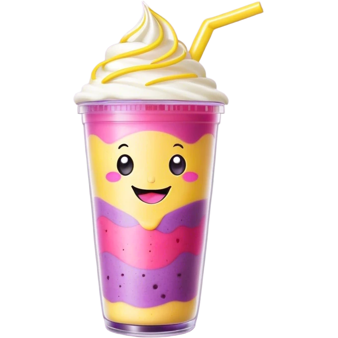 Cute Kawaii Smoothie Cup, filled with blended fruity goodness, a smiling face with excited eyes, bright colorful layers of pink, yellow, and purple, topped with a straw and tiny fruit slices! emoji
