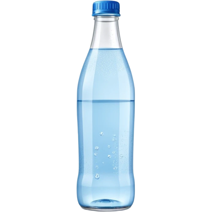 slim glass bottle of sparkling water, clear and fizzy with visible bubbles, simple blue cap, minimal blank label, 3D, clean, soft lighting, no anthropomorphic features, no extra elements, emoji scale emoji
