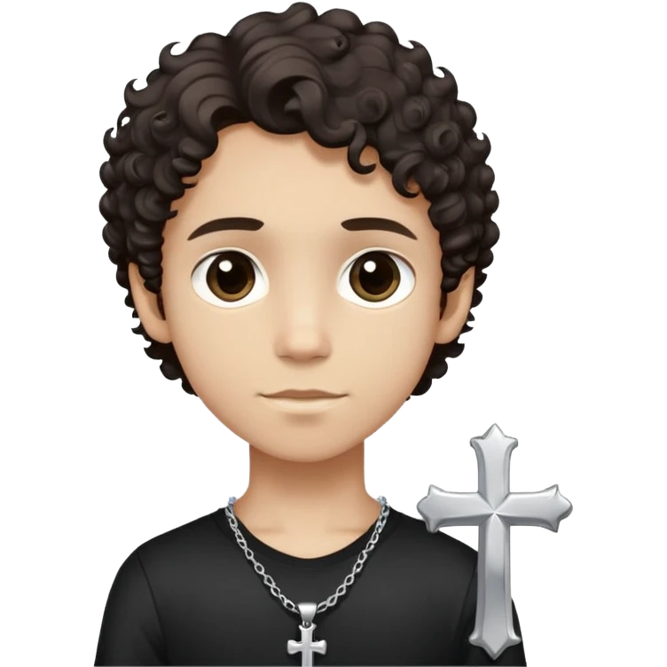 un chico de tono de piel clara y de un físico delgado, ojos oscuros, cabello castaño súper oscuro, cabello entre ondulado y crespo (de tamaño mediano), camisa negra y un collar con una cruz de plata emoji