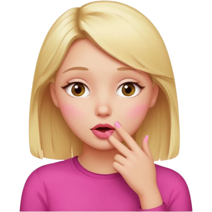 blonde girl with flushed cheeks, whispering gossip, surrounded by pink emoji