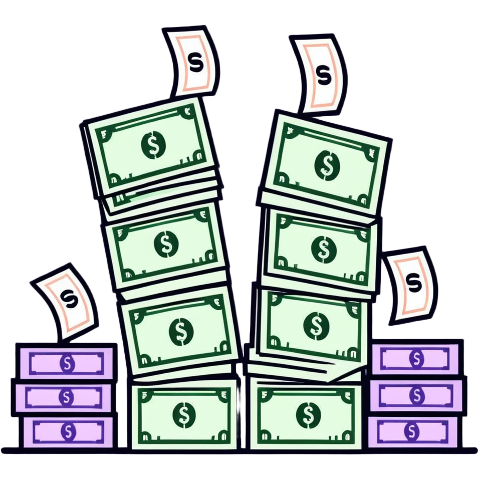 upward trending arrow beside three stacks of bundled dollar bills in ascending height emoji