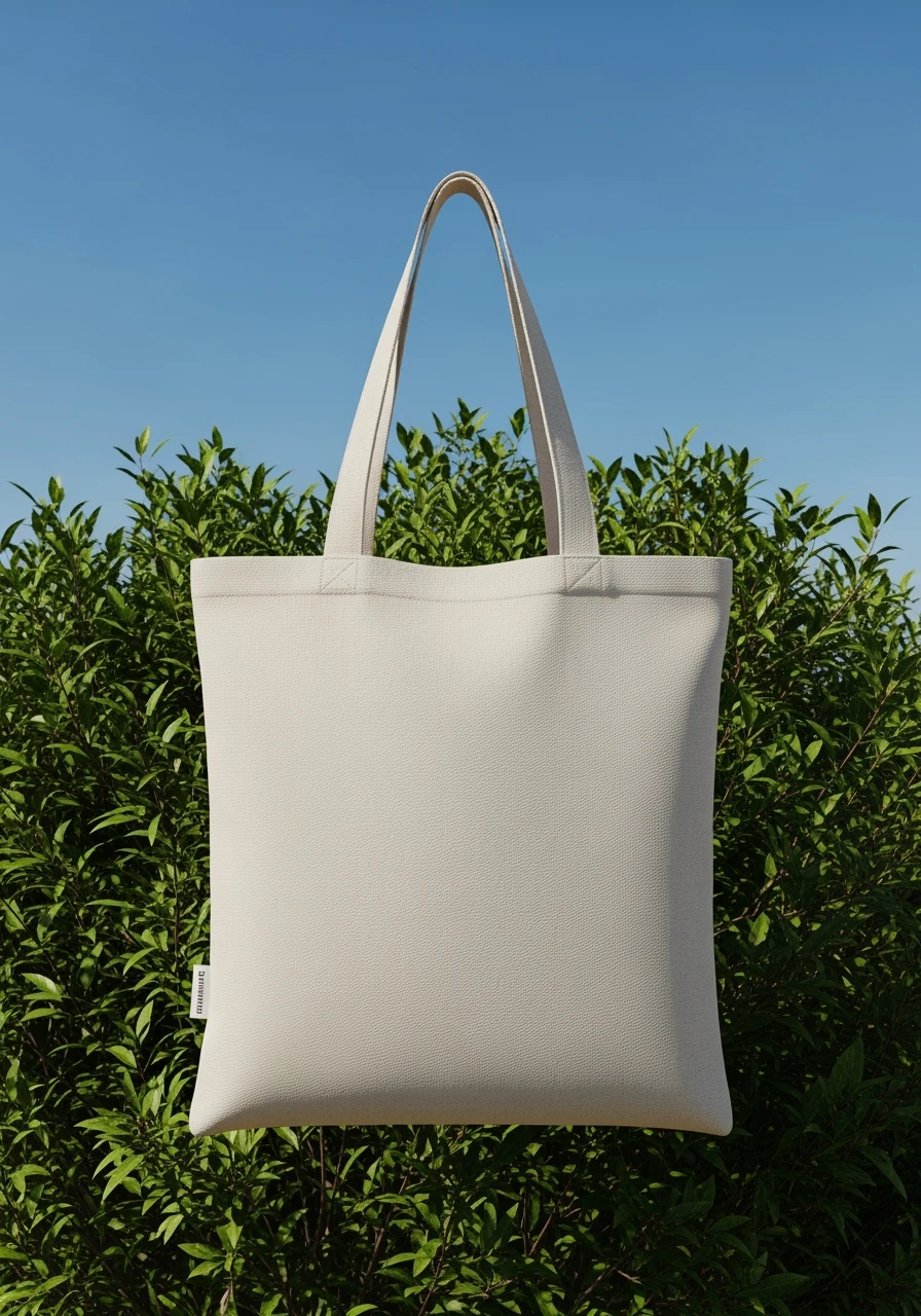 High-resolution mockup of a minimalist canvas tote bag, placed perfectly centered on the canvas. The tote bag is made of natural cotton fabric, light beige color, with a simple and elegant look. Background features a deep green organic bush, clean blue sky above, bright daylight, emoji