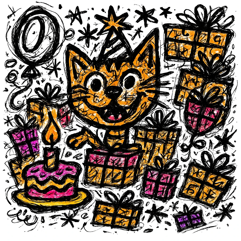 Make the birthday cake more colorful while keeping the chaotic outlined style and all other elements intact emoji