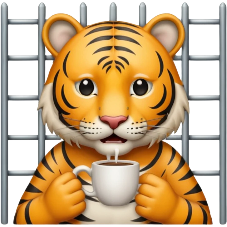 a tiger crying with tears in its eyes holding a cup of coffee behind jail bars  emoji