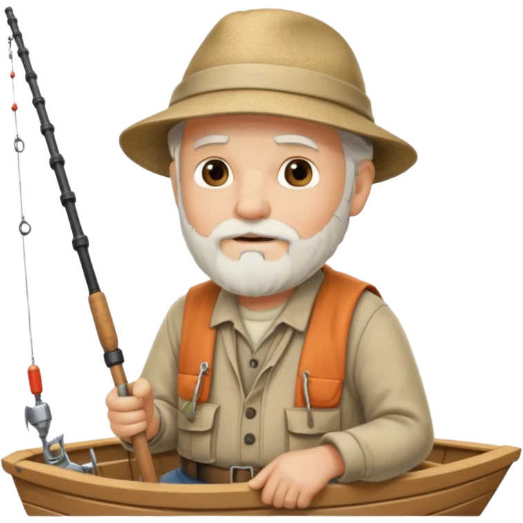an old white haired, bearded man in fisherman attire, sat in a boat at sea, holding a fishing rod and catching fish with it. emoji