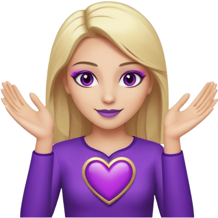 twitch emote, kinda chibi style. blonde hair: long, straight, no bangs. gray eyes. an eyebrow with a slit. purple eyeshadow/eyeliner with gold eyeshadow. only face and arms, hands visible. happy, holding a purple heart. white background. emoji