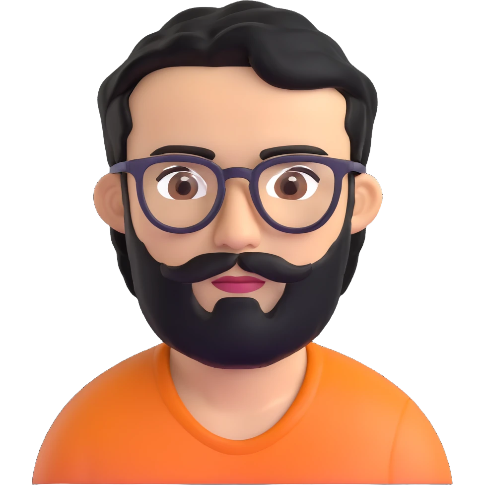 man with medium black beard, black hair, connected eyebrows, olive tan skin, brown eyes, and glasses emoji