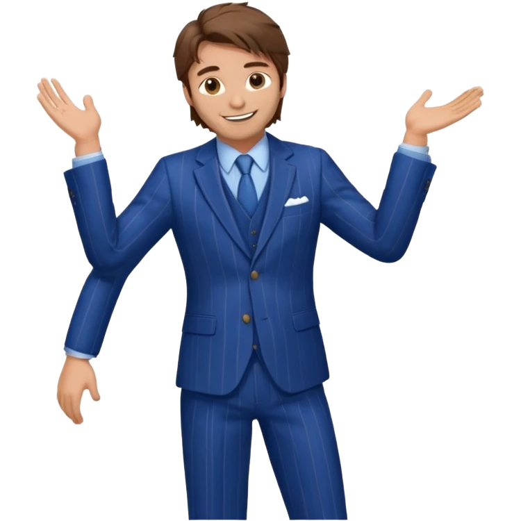 Chico blanco, traje azul raya diplomatica , pelo castaño revuelto,cuerpo entero emoji