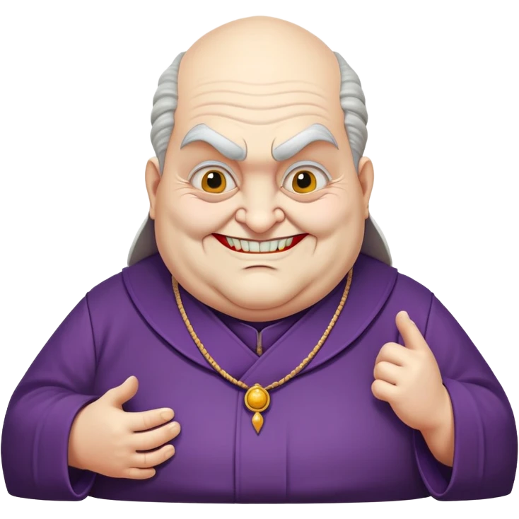 creepy old temple priest, overweight, sly closed smile, Joker-like bent stance emoji