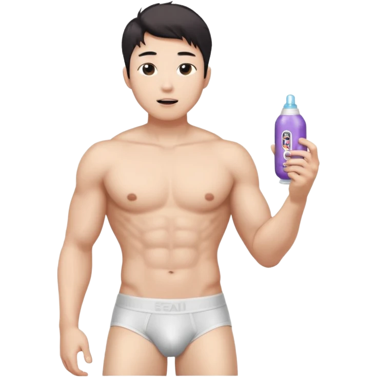 Male shirtless white skin Asian korean six pack sexy big dih lean full body without pants hold condom and jerking off with a little bit hair upper underwear don’t hold any stuff emoji